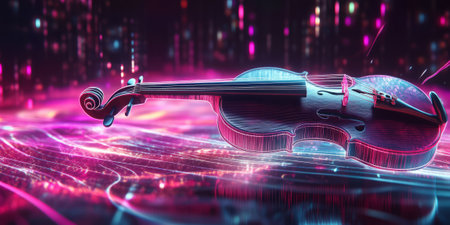 A futuristic 3D background showcasing a floating, holographic violin emitting ethereal neon sound waves. The abstract, immersive energy creates a surreal visualization of digital symphonies and electronic beats.の素材