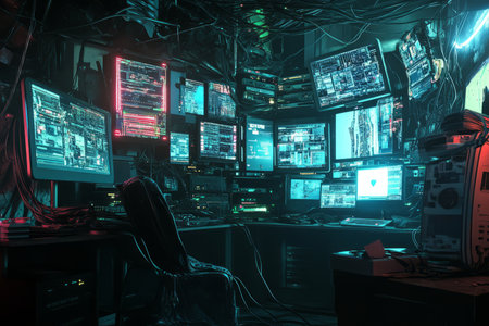 A dystopian hackerÃ¢â¬â¢s den 3D background room cluttered with multiple monitors, glowing neon circuit boards, and a chaotic network of tangled cables. The dark space is illuminated by flickering LED lights, creating a cyberpunk aesthetic.の素材