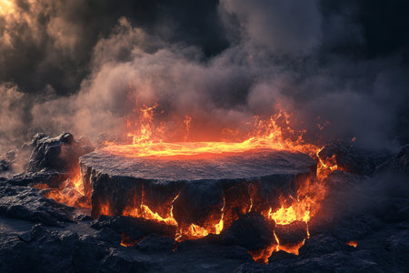 A dramatic volcanic eruption 3D background featuring a cracked stone podium surrounded by molten lava. The fiery red and orange glow reflects off the rocky terrain, while plumes of smoke rise into the dark, ash-filled sky.の素材