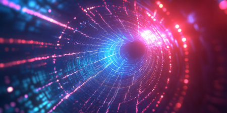 A dynamic 3D music background featuring an infinite tunnel of pulsating neon sound waves, synchronized to an invisible beat. Abstract glowing notes float within the space, forming a futuristic representation of rhythm and motion.の素材