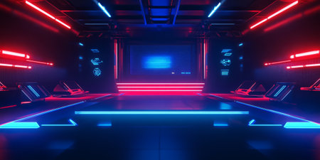 A high-energy esports arena 3D background with a glowing podium. Neon blue and red lights pulse across the stage, while digital displays showcase dynamic animations, creating a competitive gaming atmosphere.の素材