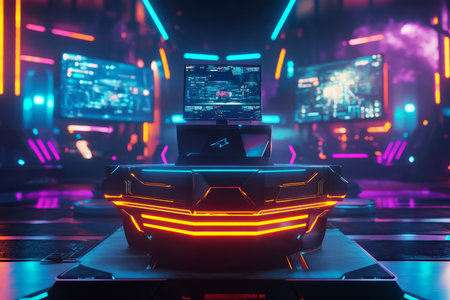 A high-tech esports tournament 3D background featuring a sleek podium with glowing LED strips. Massive holographic screens display live gameplay footage, while an energetic crowd cheers, bathed in colorful neon lights.の素材