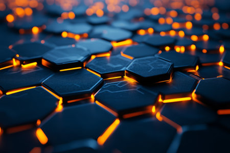 A futuristic 3D abstract background with an infinite tunnel of luminous, pulsating hexagons. The glowing edges and intricate details create a hypnotic, sci-fi aesthetic that immerses the viewer in a high-tech, cyberpunk-inspired digital world.の素材