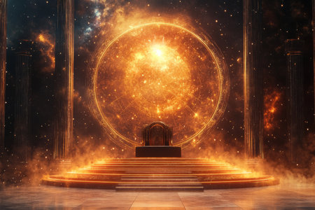 A grand celestial throne room 3D background featuring a floating podium illuminated by cosmic light. The walls are adorned with intricate golden constellations, and a massive glowing portal swirls behind the throne, revealing a view of distant galaxies.の素材