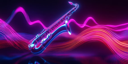 A cyberpunk-inspired 3D abstract background with a glowing, levitating saxophone emitting waves of synchronized neon sound energy. The rippling light creates a stunning visualization of jazz music and digital rhythm.の素材