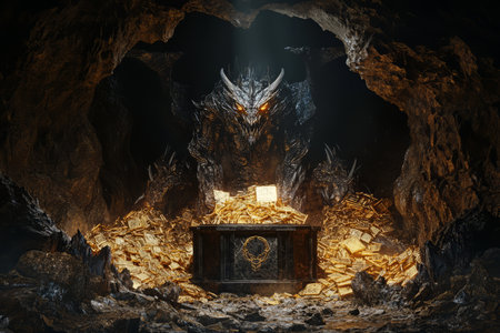 A fantasy dragon lair 3D background featuring a podium made of dark obsidian, surrounded by piles of gold and treasure. A massive dragon looms in the shadows, its glowing eyes fixed on the podiumÃ¢â¬â¢s mysterious contents.の素材