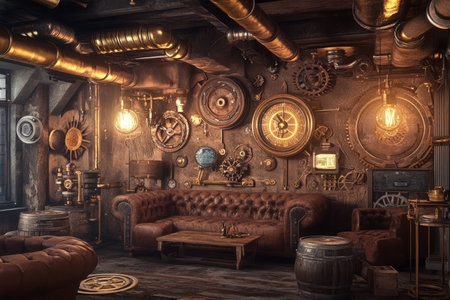 A cozy steampunk-style 3D background room with brass gears embedded in the walls, vintage leather furniture, and glowing Edison bulbs. Large industrial pipes run across the ceiling, and an antique clockwork mechanism adds a sense of intricate craftsmanship.の素材