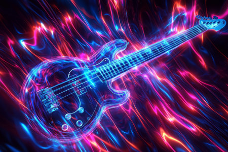A dynamic 3D music background featuring a levitating, holographic bass guitar surrounded by pulsating neon sound waves. Each vibrating string sends waves of rhythm through the high-tech environment, forming an abstract digital fusion of motion and energy.の素材