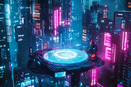 A cyberpunk marketplace 3D background featuring a glowing podium used for digital transactions. Neon signs flicker in the dense, futuristic cityscape, while hooded trade figures encrypted data in the shadows of towering skyscrapers.の素材