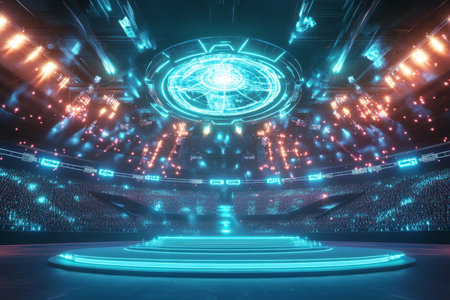 A futuristic sports arena 3D background featuring a high-tech podium with digital holograms displaying the winnerÃ¢â¬â¢s name. Bright stadium lights shine down, while the massive crowd cheers in anticipation of the victory ceremony.の素材