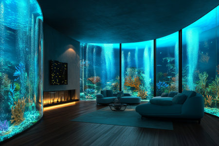 A deep-sea-inspired 3D background room, submerged in an underwater environment with bioluminescent coral formations glowing softly. The transparent walls provide a full view of the mesmerizing marine world outside.の素材