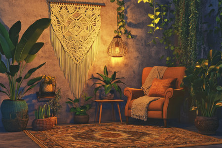 A cozy, bohemian-inspired 3D background room with soft earth tones, woven rugs, macramÃÂ© wall hangings, and large potted plants. A reading nook with a vintage armchair and a warm glowing lamp creates a relaxed atmosphere.の素材