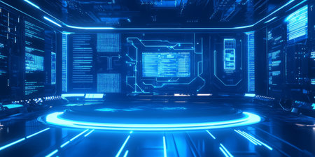 A cybernetic AI interface 3D background featuring a metallic podium with floating digital screens. The neon blue circuits, glowing data streams, and high-tech components create a futuristic and intelligent atmosphere.の素材