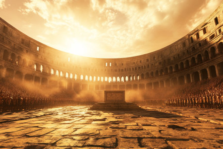 A grand coliseum 3D background featuring a massive stone podium at the center of the arena. Thousands of spectators cheer from towering stands, while golden sunlight filters through ancient arches, casting long shadows over the battlefield.の素材