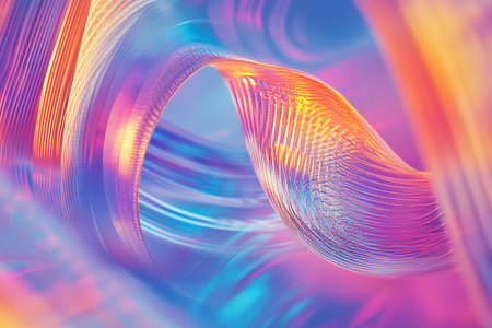 A high-tech 3D abstract background showcasing an endless array of interlocking neon prisms and dynamic holographic patterns. The glowing reflections and layered digital textures form a mesmerizing futuristic tableau, evoking a sense of profound depth and infinite cybernetic complexity.の素材