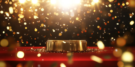 A cinematic awards ceremony 3D background with a glamorous golden podium. Bright spotlights, red carpet reflections, and shimmering confetti in the air make the scene feel prestigious and celebratory.の素材