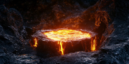 A fire-themed 3D background featuring a glowing, lava-like podium emerging from a volcanic surface. The intense contrast between the molten core and the dark, rocky textures creates a powerful and dramatic composition with fiery energy.の素材