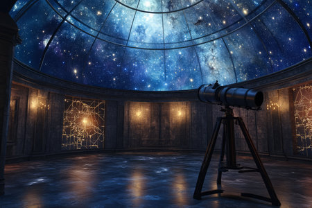 A celestial observatory-style 3D background room with a massive domed glass ceiling revealing the night sky. A large telescope and glowing star maps enhance the feeling of cosmic wonder.の素材