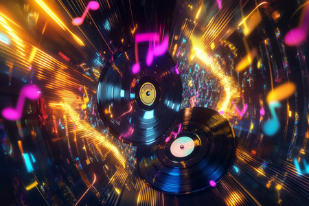 A 3D abstract music background featuring a colorful explosion of sound waves, vinyl records spinning mid-air, and digital musical notes forming a swirling vortex of light and energy. The glowing neon hues and reflective metallic elements create a mesmerizing futuristic composition.の素材