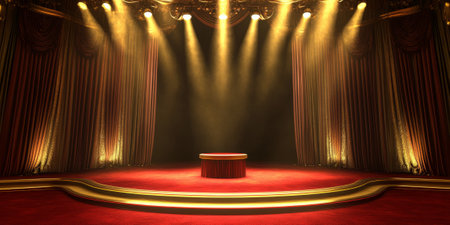 A grand theater 3D background featuring a podium at the center of an illuminated red-carpeted stage. The golden spotlights, velvet curtains, and an elegant art deco backdrop evoke a sense of prestige and glamor.の素材