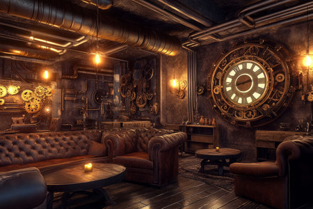 A cozy steampunk-style 3D background room with brass gears embedded in the walls, vintage leather furniture, and glowing Edison bulbs. Large industrial pipes run across the ceiling, and an antique clockwork mechanism adds a sense of intricate craftsmanship.の素材