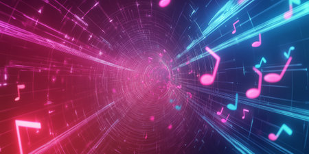 A futuristic 3D background featuring an endless neon tunnel of sound waves, dynamically pulsing in sync with invisible beats. Abstract, glowing musical notes float through the digital space, creating a vibrant visualization of rhythm and technology.の素材