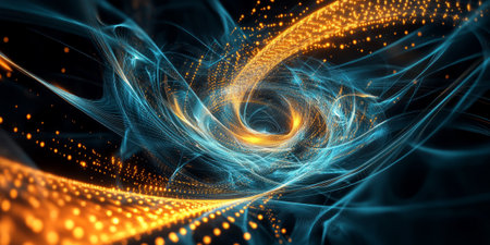 A high-tech 3D abstract background with a swirling vortex of luminous energy particles, forming intricate fractal-like patterns. The seamless reflections and dynamic neon motion enhance the futuristic sci-fi appeal.の素材