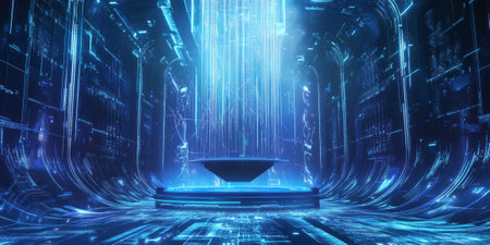 A cybernetic 3D background with a holographic podium suspended above an intricate grid of neon-blue circuitry. Digital energy pulses through the wires, while hovering holograms and sci-fi interface elements add a high-tech, immersive feel.の素材