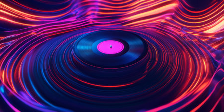 A futuristic 3D background featuring a floating neon vinyl record spinning in a glowing, abstract void. Pulsating sound waves ripple outward, creating an immersive visualization of digital music energy, rhythm, and retro-futuristic aesthetics.の素材