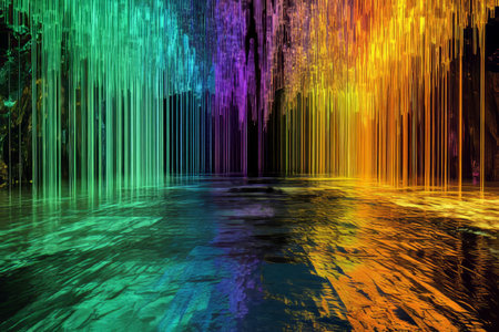 A dynamic 3D abstract background showcasing a cascade of radiant, liquid-like neon threads, suspended in a boundless cybernetic void. The intricate reflections and textures enhance the sci-fi aesthetic.の素材