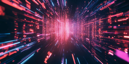 A high-tech abstract background featuring pulsating neon light streams dynamically forming an electrifying cybernetic matrix. The glowing reflections and seamless motion create a visually immersive digital composition.の素材