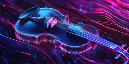 A futuristic 3D background displaying a high-tech, holographic violin floating in a digital space. The glowing strings vibrate with energy, creating surreal, neon sound waves that ripple outward in an immersive, abstract representation of classical music evolution.の素材