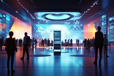 A bustling high-tech startup event 3D background featuring a modern glass podium on a sleek stage. Entrepreneurs and investors mingle in the futuristic venue, while massive LED screens display the latest groundbreaking innovations.の素材