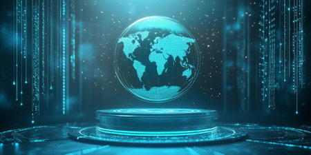 A high-tech 3D background with a levitating, disc-shaped podium displaying a holographic rotating world map. The digital blue glow and futuristic environment enhance the advanced technology theme.の素材