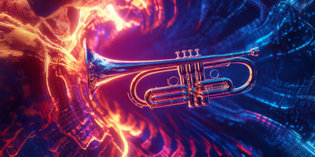 A cybernetic 3D music background displaying a floating neon trumpet, surrounded by swirling, glowing sound waves. The futuristic, immersive energy pulses in harmony, representing the fusion of brass instruments and digital sound evolution.の素材