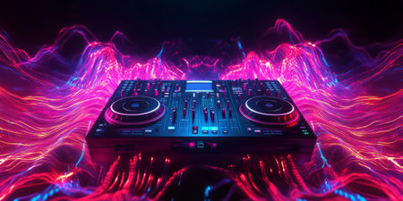 A high-tech 3D music background featuring a holographic DJ mixer floating in space, surrounded by abstract, glowing sound waves. The vibrant neon pulses create an immersive representation of electronic beats and rhythm.の素材
