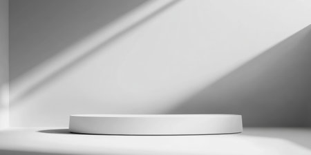 A minimalist 3D background with an elegant, monochrome gradient and a smooth, curved platform at the center. The soft, diffused lighting enhances the simplicity and modernity of the scene, making it perfect for branding.の素材