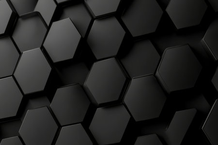 A minimalist, monochrome 3D background with matte black hexagons arranged in a seamless pattern. Soft directional lighting highlights the raised edges, creating a sophisticated, modern aesthetic perfect for elegant branding and design projects.の素材