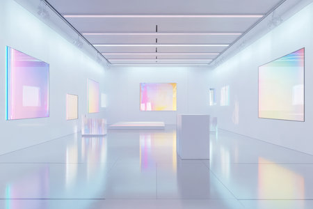 A minimalist futuristic art gallery 3D background room with large white walls displaying interactive holographic paintings, floating sculpture installations shifting in shape, soft ambient lighting, and sleek glass floors reflecting abstract neon patterns.の素材