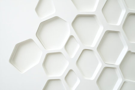 A minimalistic yet elegant 3D background featuring hexagons embossed into a smooth, matte white surface. Subtle shadows and soft lighting create a refined, contemporary aesthetic that works well for business, technology, and professional branding themes.の素材