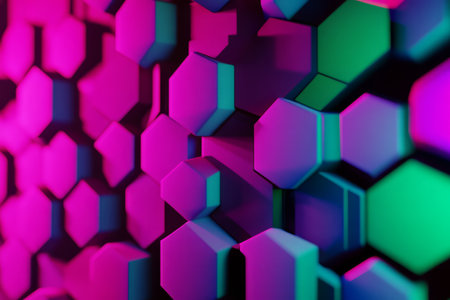 A dynamic, colorful 3D background where hexagons shift in size and orientation, creating an illusion of depth and motion. Bright neon shades of pink, green, and blue add a vibrant energy, making the composition visually captivating and modern.の素材