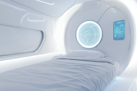 A high-tech spaceship sleeping pod 3D background room with curved white walls, soft blue ambient lighting, and a holographic alarm interface floating near the bedside. The futuristic design emphasizes comfort in zero gravity.の素材