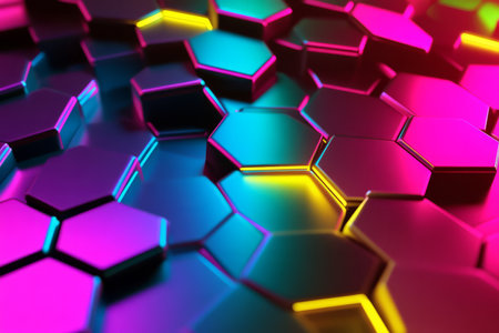 A vibrant abstract 3D background with interlocking hexagons in a spectrum of neon colors including electric blue, hot pink, and lime green. The hexagons rotate slowly and cast dynamic shadows on a dark background, creating a hypnotic interplay of light and geometry that conveys a futuristic digital energy.の素材