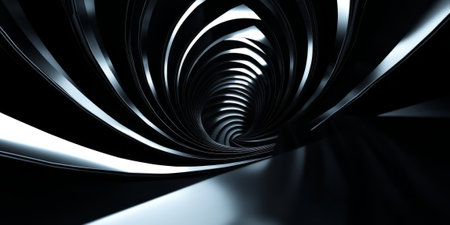 A hypnotic 3D background displaying an infinite spiral staircase made of glossy black material, with soft white light emanating from beneath each step. The deep shadows and the surreal perspective add a sense of mystery and intrigue.の素材
