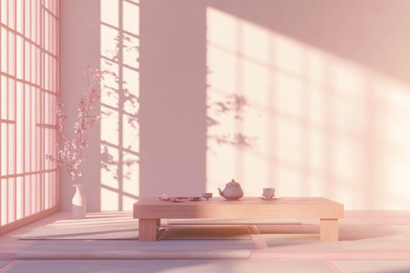 A minimalist Japanese tea room 3D background room with sliding shoji doors, traditional tatami mats, and a low wooden table set for an elegant tea ceremony. Soft natural light filters in through the paper walls, creating a serene and harmonious atmosphere.の素材