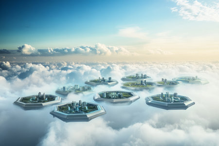 A floating hexagonal island chain suspended in a futuristic sky, each platform containing high-tech structures. The sci-fi cityscape hovering above the clouds creates a utopian, futuristic metropolis aesthetic.の素材