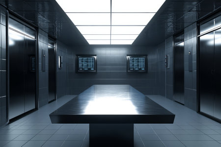 A futuristic police interrogation room 3D background with a single metal table, bright white LED overhead lights, and dark one-way mirrors lining the walls. The sterile, high-tech security screens display suspect profiles and surveillance footage.の素材