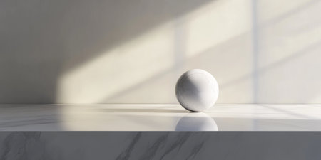 A minimalist 3D background featuring a single, perfectly smooth marble sphere resting on a subtly illuminated surface. The elegant simplicity and soft reflections create a modern and refined look.の素材