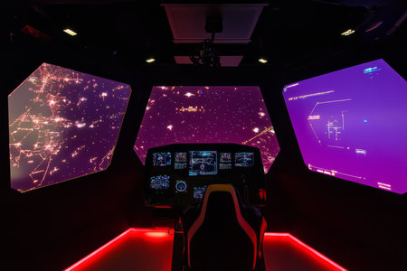 A hyper-advanced flight simulation room where pilots train inside an immersive hexagonal holographic chamber. The digital interface projects realistic space travel conditions, while AI-controlled guidance systems assist with navigation. The neon lights flicker in sync with flight maneuvers.の素材
