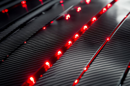A sleek automotive-inspired 3D background featuring carbon fiber hexagonal panels with glossy, aerodynamic surfaces. Red LED accents highlight the pattern, creating a racing-inspired high-performance look.の素材